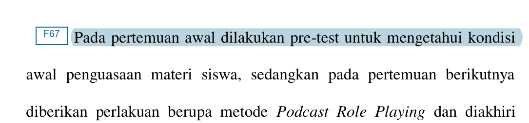Potongan naskah skripsi yang sudah dianotasi: kata pre-test ditandai kode F67 karena belum dimiringkan